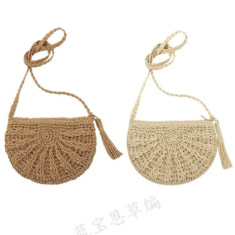 2021 Tassel Summer Beach Handmade Crossbody Bags Women Hollow Straw Bag Circle Rattan Bag Soft Paper Rope Shoulder Bag