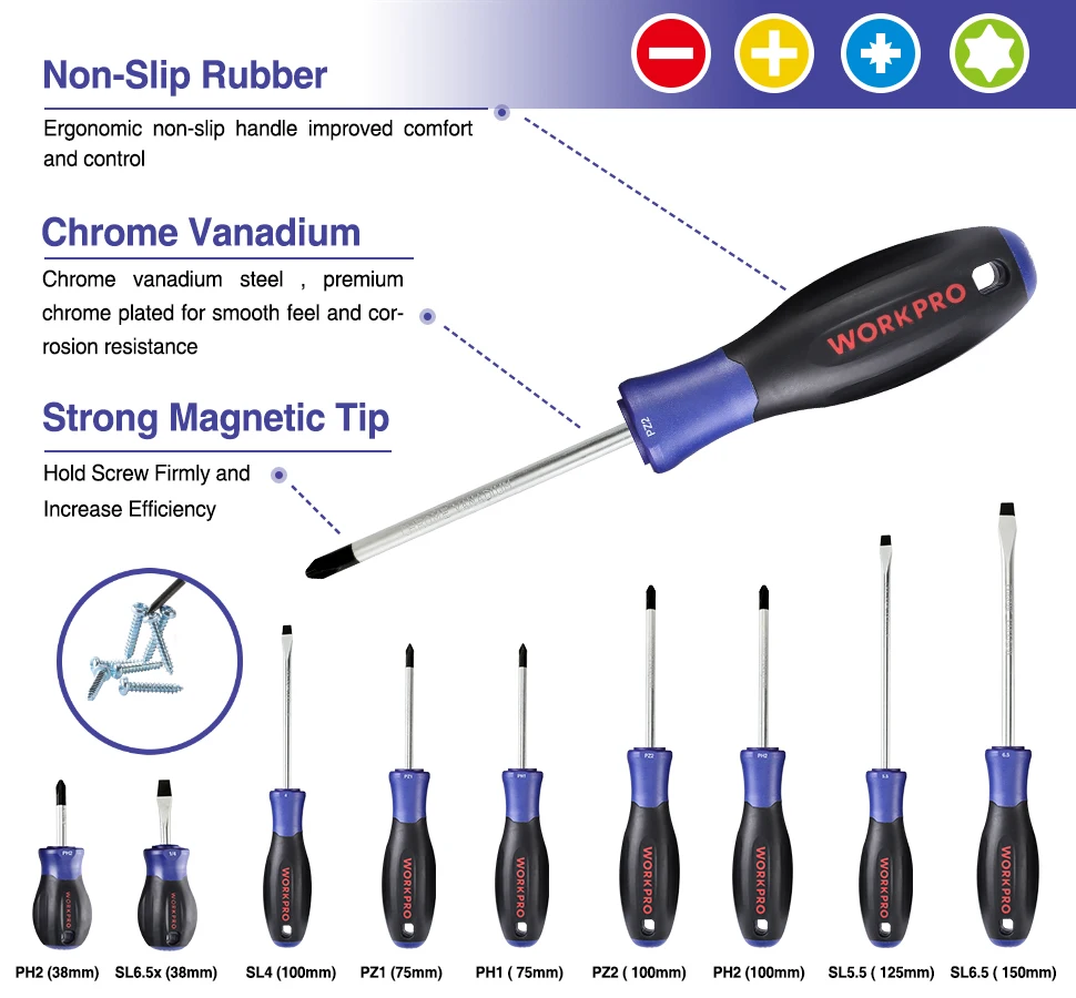 WORKPRO 16PC Magnetic Screwdriver Set Phillips Slotted Pozi and Pricision Screwdriver Set For Fix Repair DIY With Durable Case