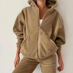 Casual Women Fleece Hoodie Two Piece Sets Hooded Zipper Outerwear And Harem Pant Suit Autumn Winter Fashion Streetwear Tracksuit