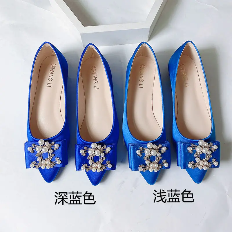 Silk Satin Wedding shoes Flats Plus Big Size Elegant Women Shoes,Dark Blue/Royal Blue Satin Pears Shoes Loafers SIZE31-44 US11