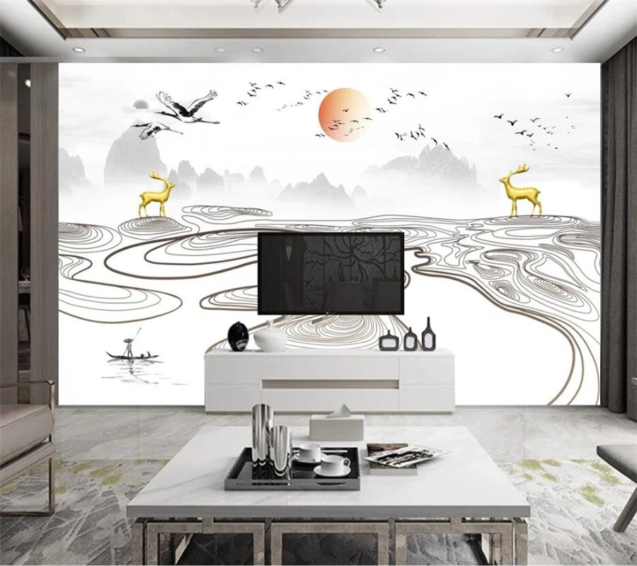 wellyu Customized large mural new Chinese style light luxury gold line flower crane national tide background wall