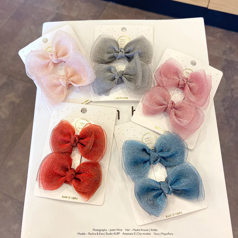 2 Pcs/Set Chiffon Bow Children Hair Clips Headdress Barrettes Girls Cute Card Issuance Hairpins Headwear Kids Hair Accessories