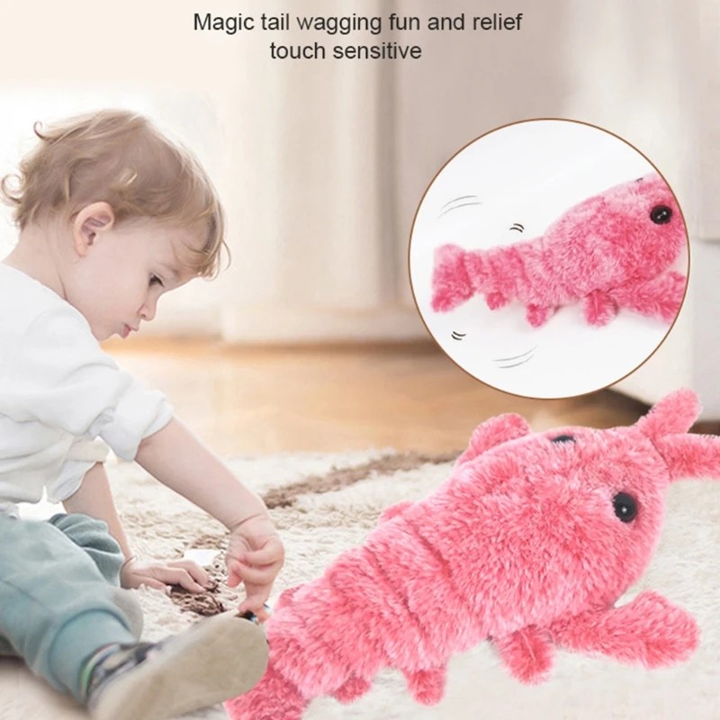 F2TE Electric Moving Kickers Lobster Toy Realistic Wiggle Shrimp Plush Interactive for Cats and Dogs Washable Cover