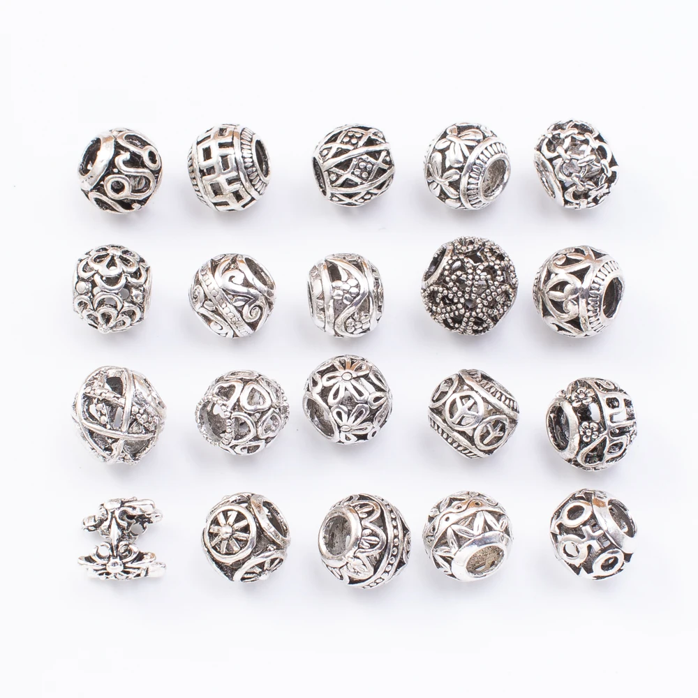 Mixed Styles 20pcs Openwork beads Tibetan silver European Charms bead DIY Jewelry for  Bracelet Making Accessaries js2242