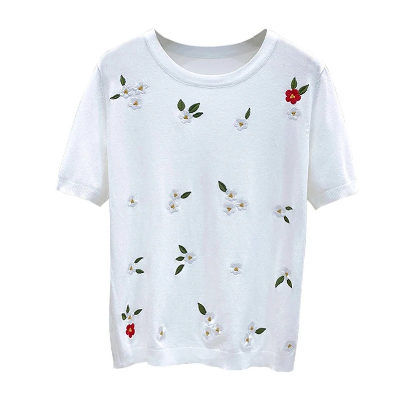 M-4X size embroidery women sweater pullover 2021 short sleeve o neck flower kintting female whine t-shirt thin jumper