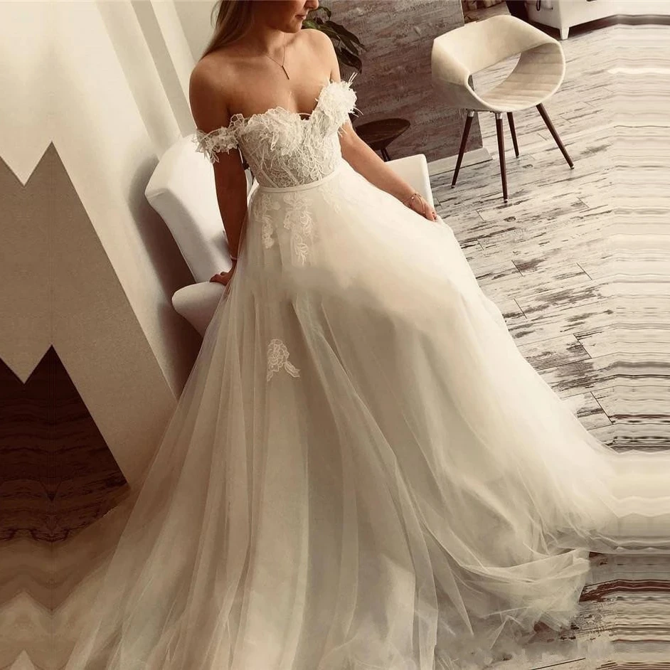 

Court Train Off-Shoulder Sleeves Wedding Dress Robe De Mariee Charming Appliques Floor-Length Tulle A-Line Formal Bride Dresses