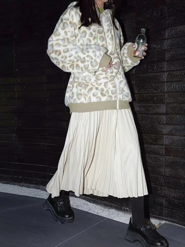 Faux Fur Woolen Warm Winter Women Jacket Plus Size Fuzzy Cute Jackets Leopard Print Hood Collar Coat Overcoat Oversized Girls