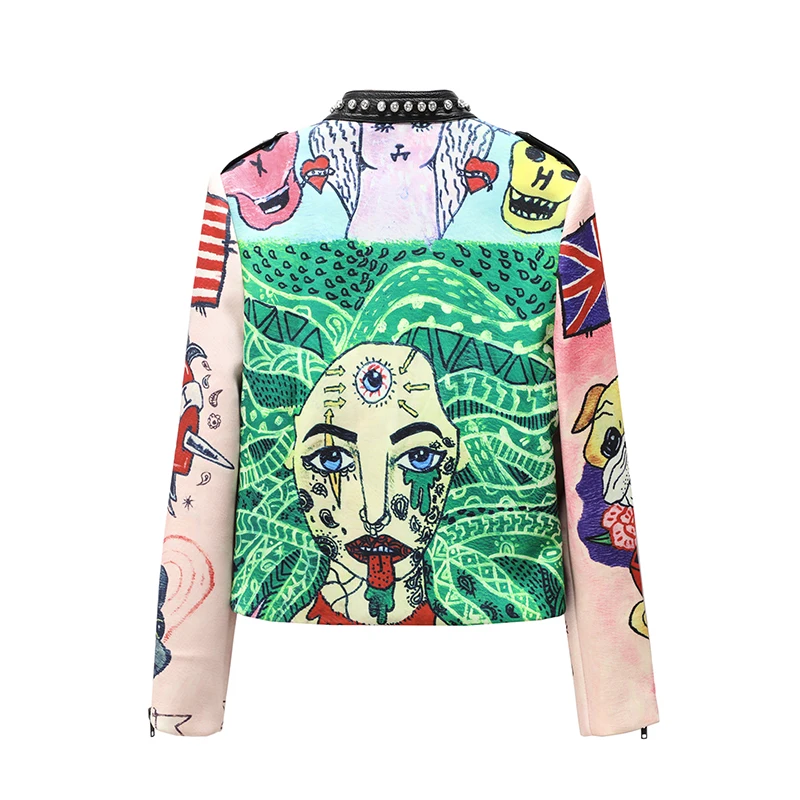 Jaqueta de couro PU para mulheres, casacos punk hipster, estilo moto, estamparia de rebites, nova, primavera e outono