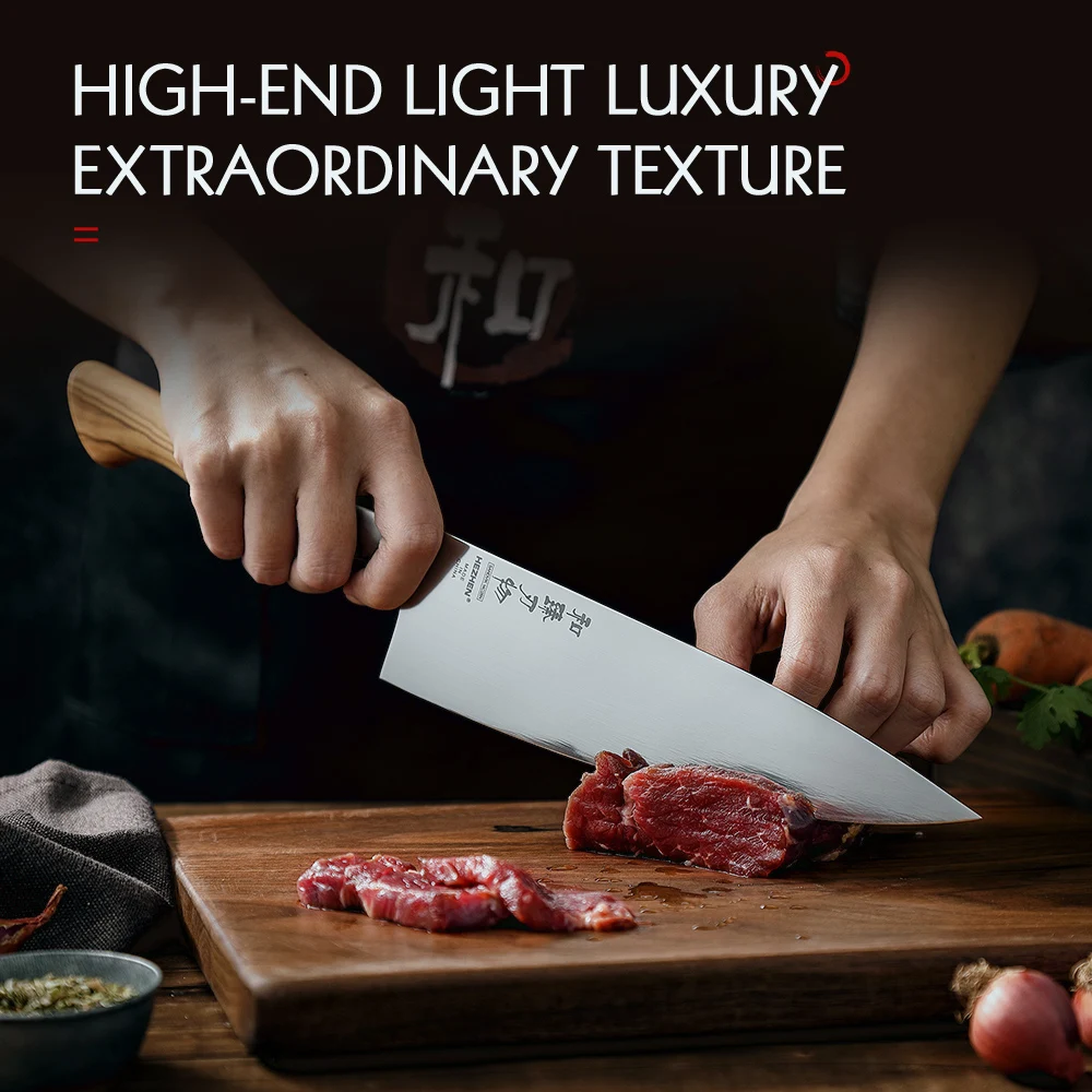 HEZHEN Master Series 8.3 Inches Sandvik 14C28N Steel Chef Knife Kitchen Knives Olive Wood Handle Food Slice the Meat Fish