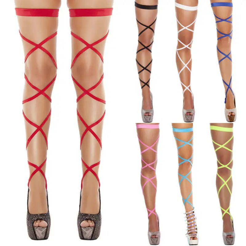 Sexy Women Bandage Fishnet Stockings Thigh-High Studded Thigh High Leg Rave Wraps Strappy Tights