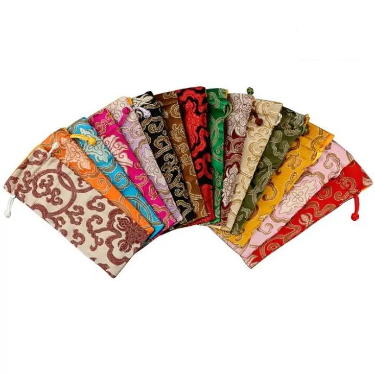 Rich Flower Cloth Drawstring Bag Chinese Silk Brocade Jewelry Necklace Gift Pouch Comb Trinket Storage Pocket Wholesale