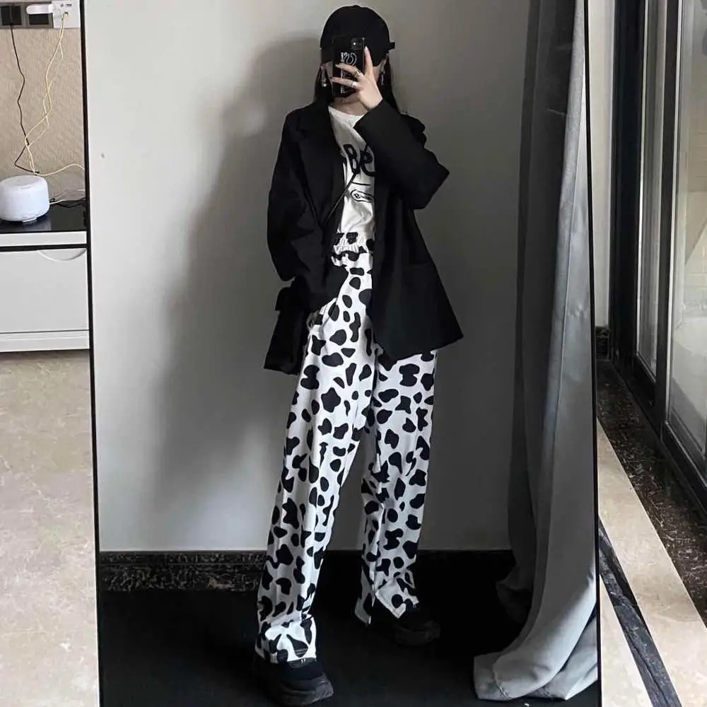 Casual Elastic High Waist Milk Cow Print Pants Women Summer Straight Loose Fashion Trousers Heat Pantalon Femme Pants