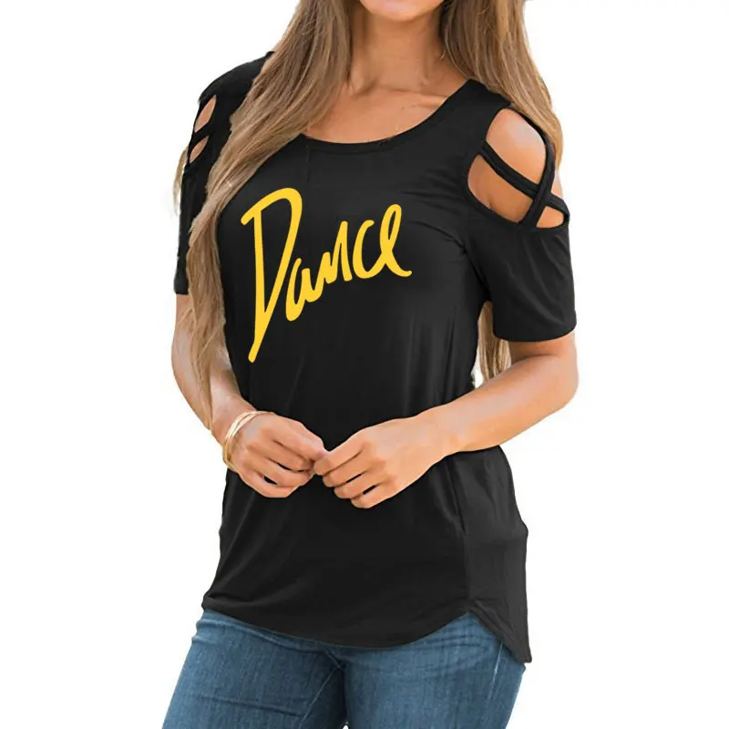 Women T-shirt 2020 New Fashion T Shirt Ladies Casual Letter Dance T-shirt Summer Casual Off Shoulder Hollow Femme Tops Tee