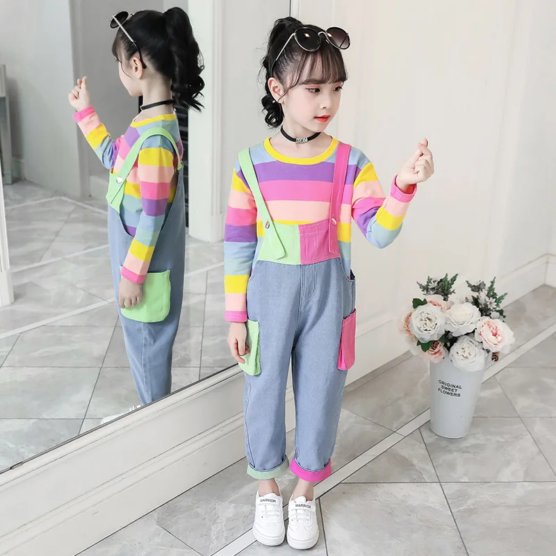 Cute Girls Clothes Colorful Tops Long Sleeve Rainbow Sweatshirt Jeans Pocket Denim Jumpsuit 4 5 6 7 9 11 12 Years Girl 2pcs Sets