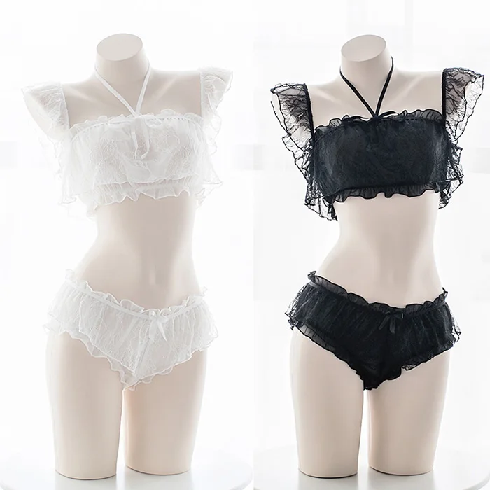  Women Lingerie Heart Hollow Out Intimates Set Anime Cosplay Camisoles Lolita Transparent Underwear+Tops+Belt Neck Ring