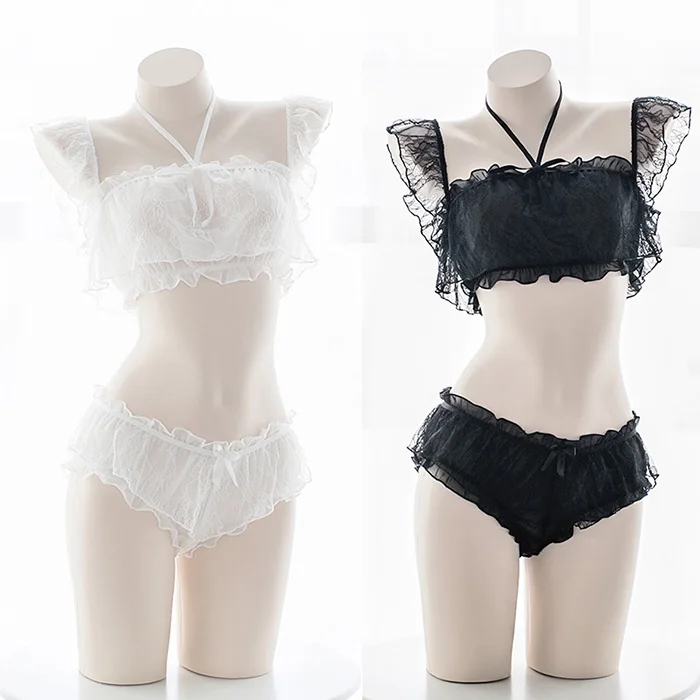 Sexy Women Lingerie Heart Hollow Out Intimates Set Anime Cosplay Camisoles Lolita Transparent Underwear+Tops+Belt Neck Ring