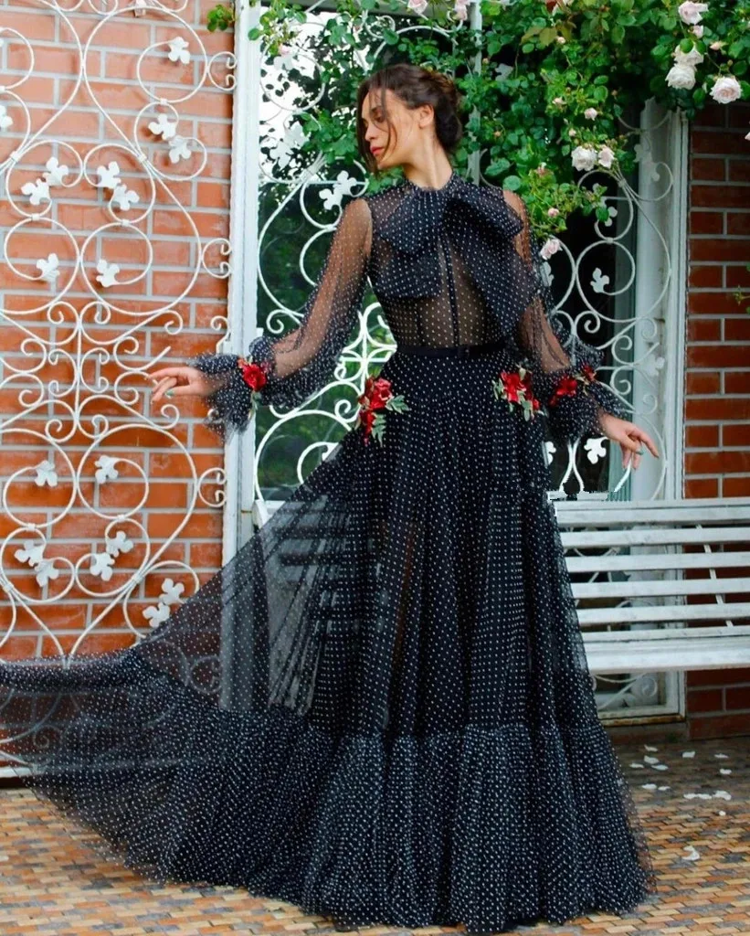 

Black Moroccan Evening Dresses A-line Long Sleeves Tulle Appliques Long Luxury Turkey Dubai Saudi Arabia Prom Dress Gown