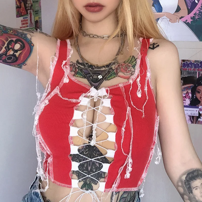 

sexy hollow out knit bandage drawstring cardigan patchwork tank top women 2020 summer high street female leisure tops vest