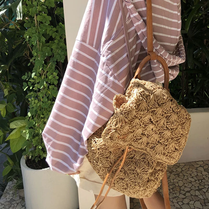 Casual Hollow Straw Backpacks for Women Wicker Woven Back Packs Summer Beach Rattan Bag Vinatge Travel Bali Bags for lady 2021