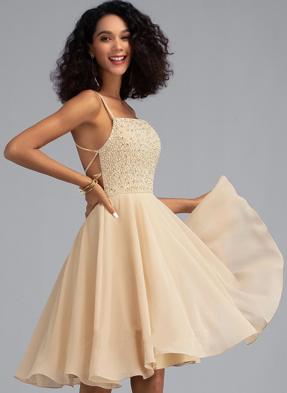 Champagne Cocktail ĐẦM DỰ TIỆC Vuông Quai Ngang Gối Voan Chiếu Trúc Hạt Gradutation Homecoming Áo Choàng Áo Dây De Soriee Vestidos