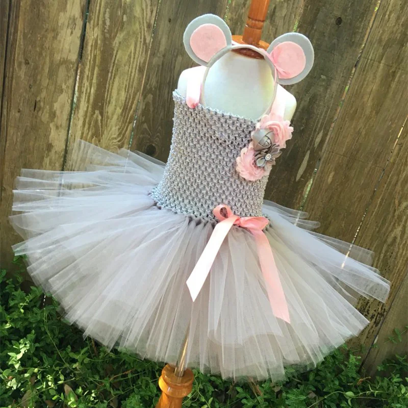 Girls Pink Grey Mouse Tutu Dress Kids Crochet Tulle Dress with Flower and Hairbow Children Birthday Party Cosplay Costume Dress