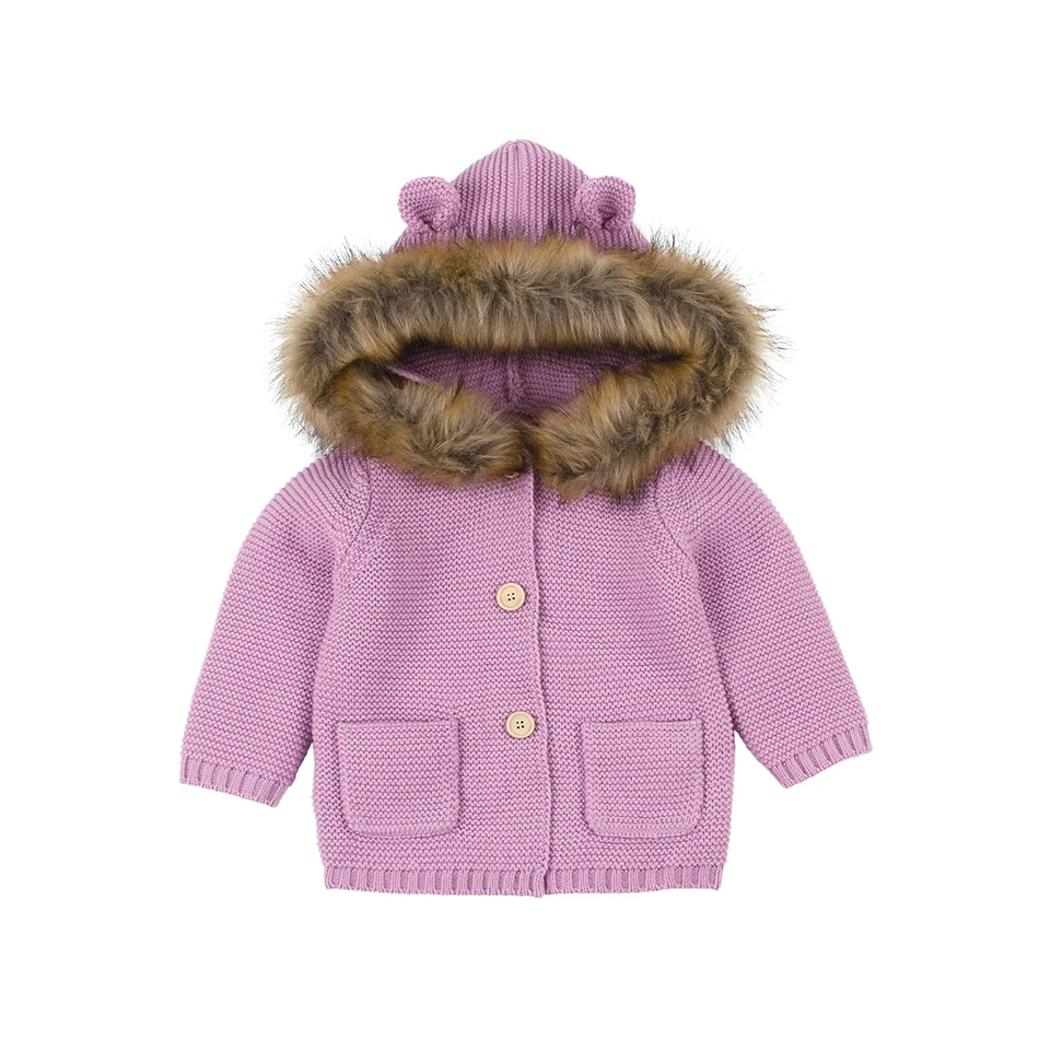 0-24M Winter Baby Boys Girls Knitted Cardigan Jackets Outfits Warm Autumn Infant Kids Fur Hooded Sweaters Long Sleeve Coat