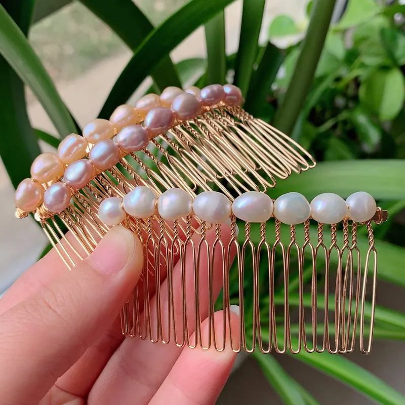 Elegante joyería para el cabello de perlas naturales de agua dulce, accesorios para el cabello nupciales de boda, peines de perlas barrocas de color blanco púrpura, Clip francés