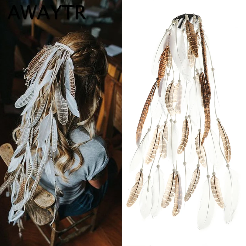 AWAYTR-peines de plumas con borlas para mujer, horquillas para el cabello, tocado Hippie, banda étnica para la cabeza, peine para el cabello, pinzas