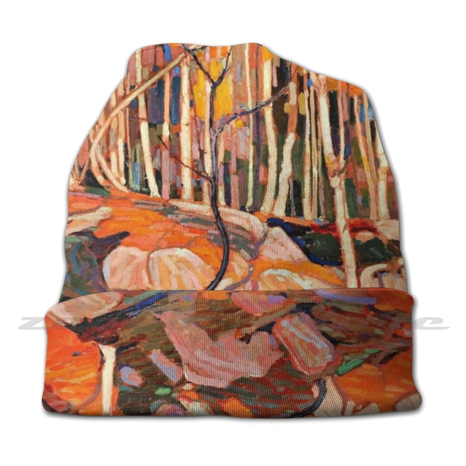 Tom Thomson-The Birch Grove , Colorful Painting Personalized Pattern Knit Hats Plus Size Elastic Soft Cap Tom Thomson Canadian