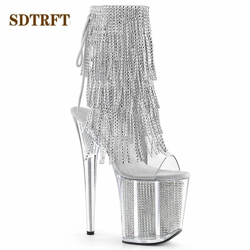 SDTRFT Stilettos 20cm Thin Heels Ankle boots transparent Platforms shoes Woman Rhinestone Tassels Botas Mujer Sequined pumps