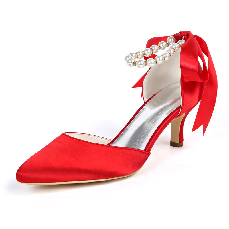 Kitten Heels Wedding Shoes for Bride Satin Pearls Pointed Toe Mid Heels Bridal Pumps Prom Evening Formal Party Dress Shoes