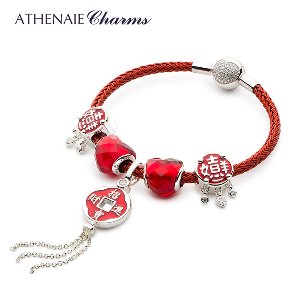 ATHENAIE 925 Sterling Silver Red Enamel CZ Chinese Peaceful Always Tassel Dangle Charms Bracelet