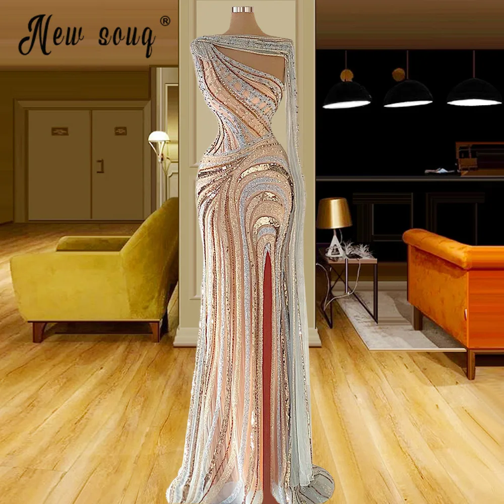 

Luxury Beaded Long Mermaid Saudi Arabic Sparkly Evening Gown 2021 Sexy Split Side Robe De Soiree Formal Prom Party Dresses