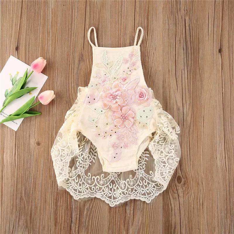 Summer Newborn Baby Girls Clothes Sleeveless Lace Crochet Flower Halter Neck Backless Romper Jumpsuits One-piece Outfit Sunsuit