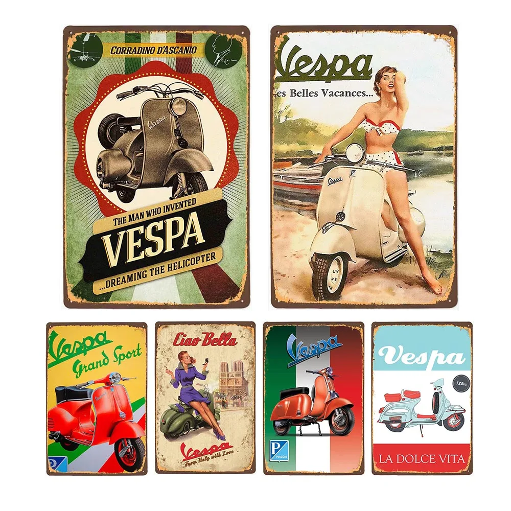 Vespa Motorcycle Metal Sign Plaque Decoration Vintage Wall Art Poster Pub Bar Club Retro Plate Home Decor Tin Painting 20x30cm