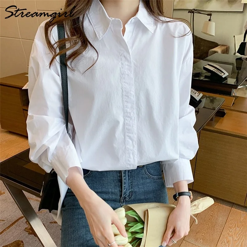 Oversize White Shirt Women Autumn Turn-down Collar Solid Blouses Women\'s Shirts Casual Loose Cotton Shirt Women Overzise White