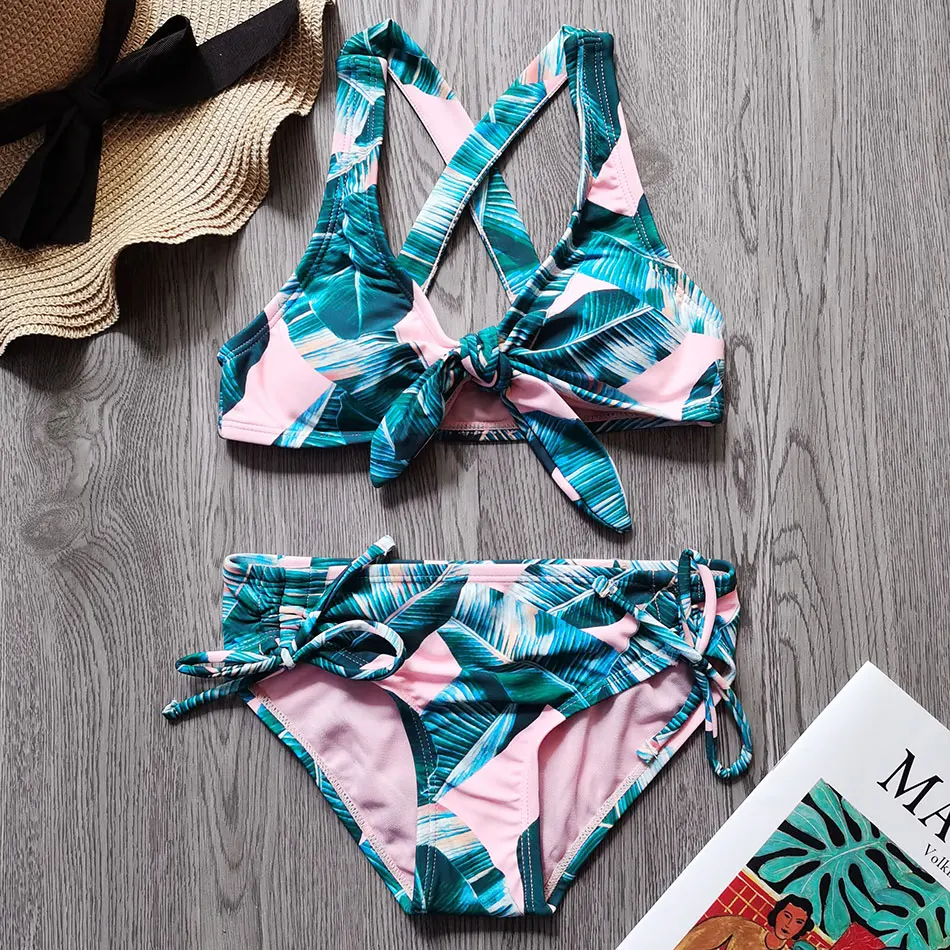 

7-16 Years Girl Swimsuit Kids Tropical Two Piece Children's Swimwear Cross Back Girl Bikini Set Bow Tie Girls Bathing Suit 2023