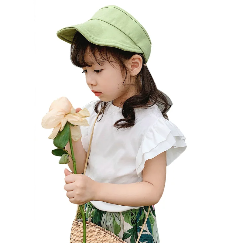 

2020 Summer Girls Clothes Fly Sleeve Solid Cotton Girls T shirt Tops Short Sleeve Ruffle Kids Tee LZ742