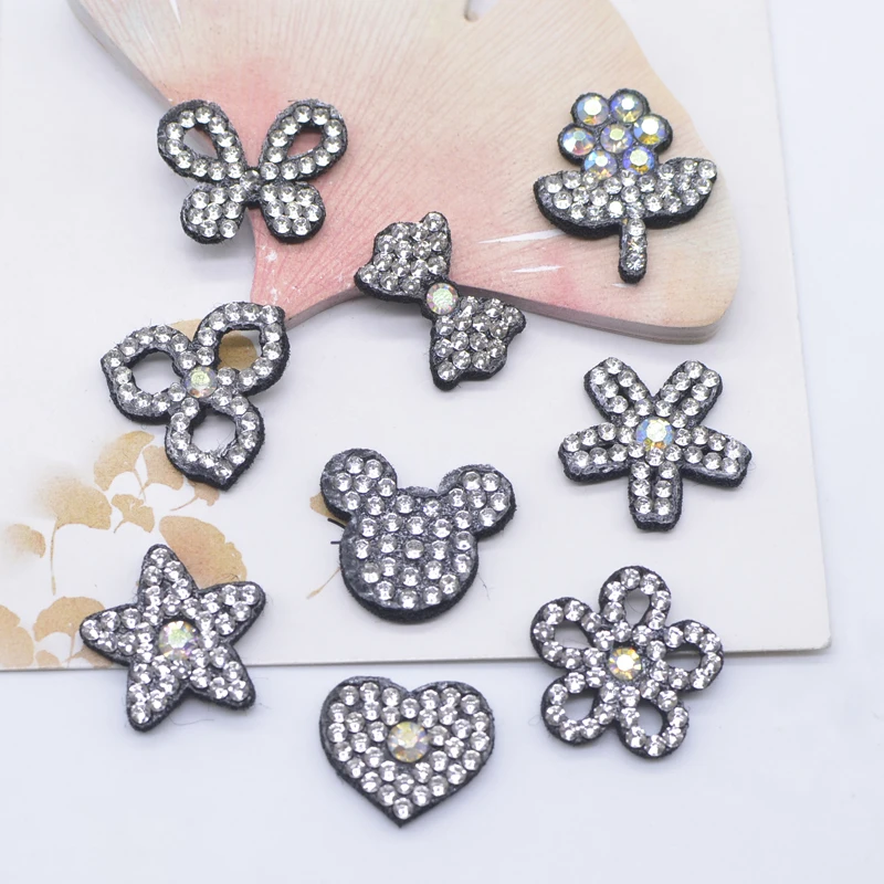 30Pcs/lot Mouse Head Star Heart Flower Bow Butterfly Rose Rhinestone Patches for Clothes Decor Headwear Hair Clips Applique