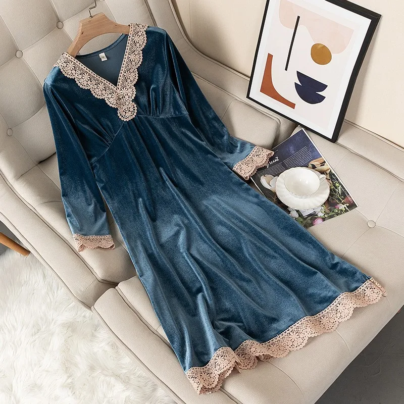 Velvet Sleepwear Women Sleep Dress V-neck Nightdress Velour Nightgown Nightwear 2021 New Intimate Lingerie Homewear