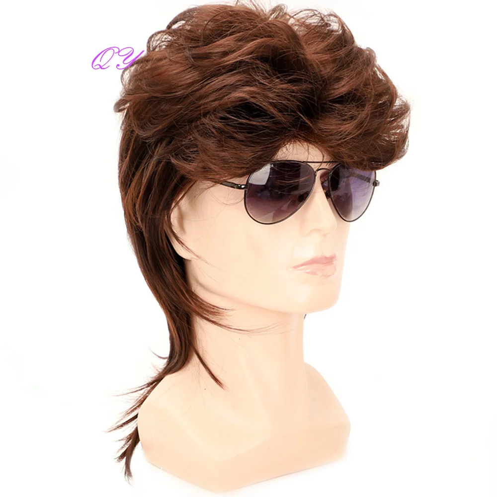 Synthetic Men Wig  Brown Curly  With Bangs Wigs Medium Length Cosplay Or Party Natural Fashion Male Hair