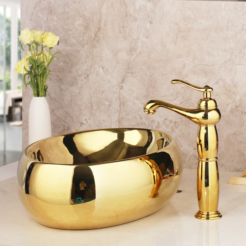 Monite Golden Basin Faucet Ceramic Lavatory Bathroom Tap Washbasin Basin Sink Set Bath Combine Solid Brass Mixer Faucet Overflew