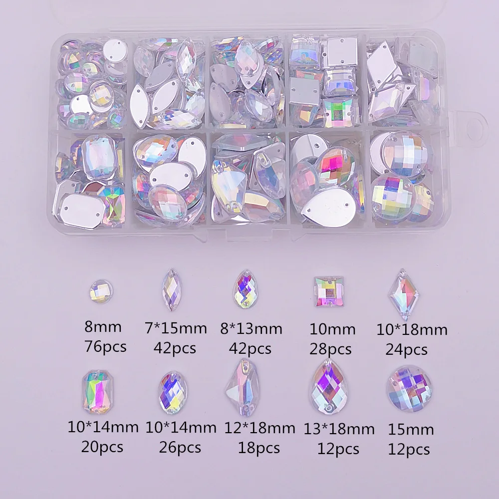 Multi-shape 10 Grids/Box 300pcs Acrylic crystal Flat Bottom Multi-size Sew On Rhinestones For DIY Wedding Dress