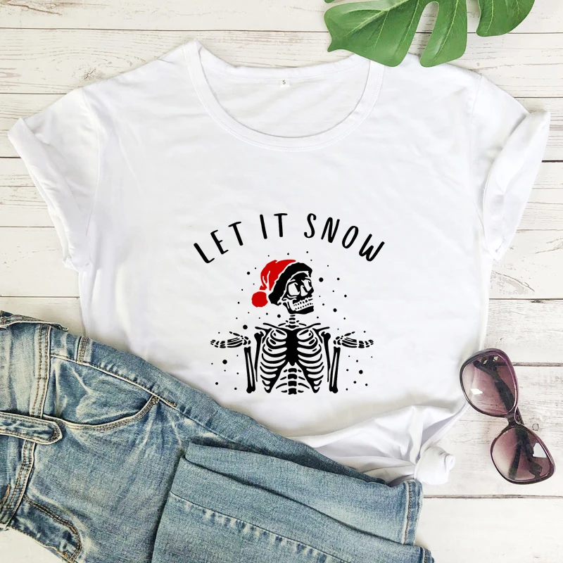 Colored Skeleton Let It Snow T-shirt Aesthetic Merry Christmas Tee Shirt Top Funny Women Graphic Holiday Goth Tshirt