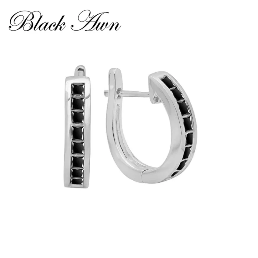 2024 Black Awn New Classic Silver Color Round Trendy Spinel Engagement Hoop Earrings for Women Fashion Jewelry I194