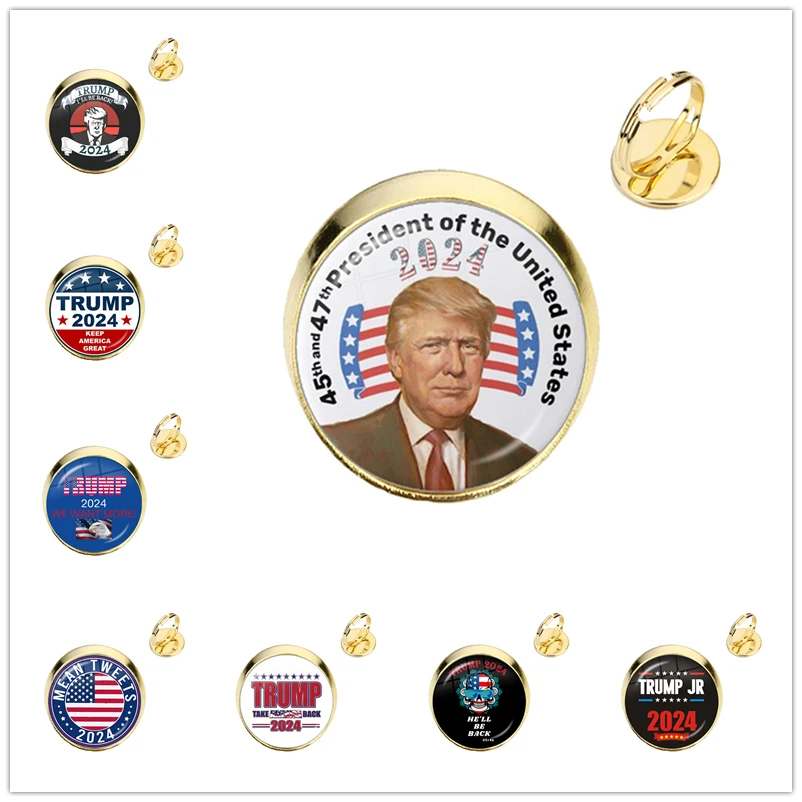 Donald Trump 2024 Collection Glass Cabochon Rings USA Flag Keep America Great Adjustable Rings Jewelry For Women Men Kids