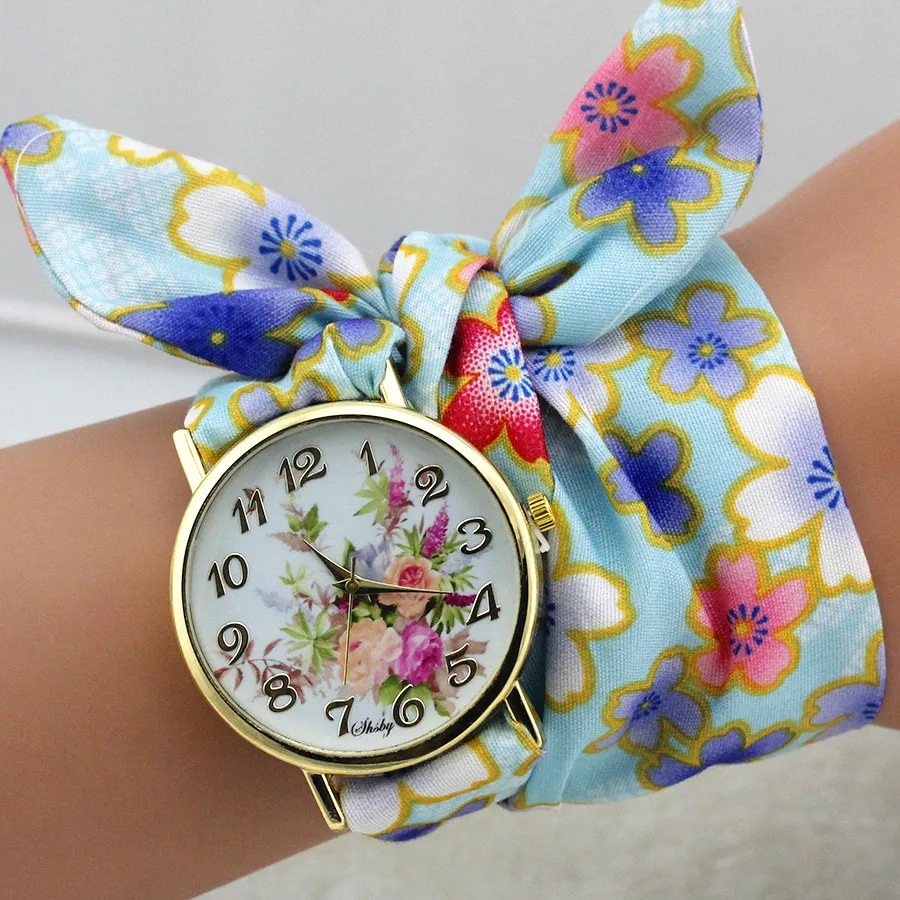 Shsby Design Ladies Flower Cloth Wrist Watch Gold Fashion Women Dress Watches High Quality Fabric Clock Sweet Girls Watch