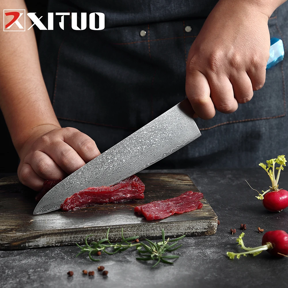 XITUO Kitchen Damascus Knife Set 1-9PC Set Japanese Damascus Steel Chef Knife Santoku Paring Knives Blue resin and wood handle