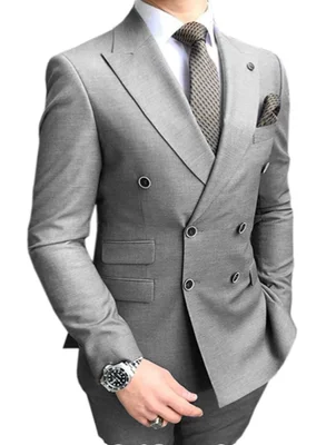 Traje de negocios de 2 piezas para hombre, traje de Boutique ajustado con solapa de cuello de Color gris sólido, doble botonadura, trajes de novio y boda, 2021