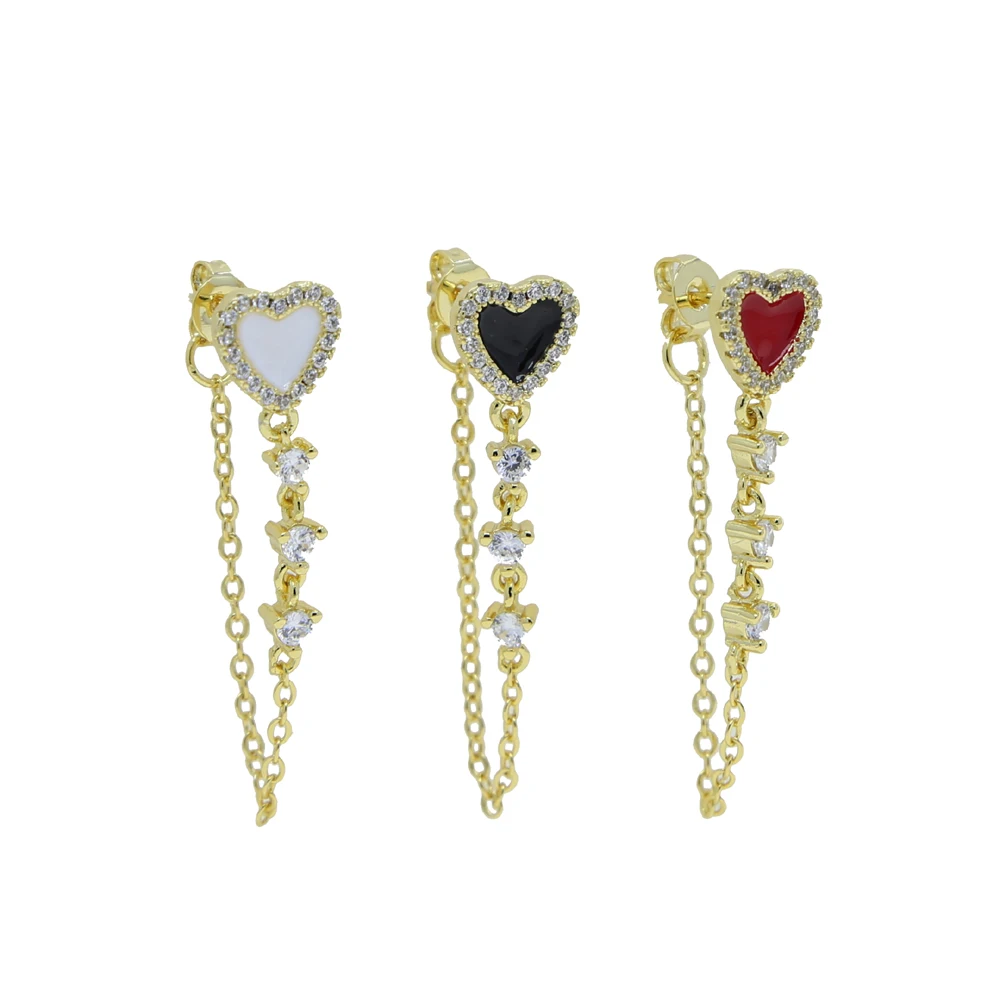 Multi Piercing Dangling Tassel Chain Women Jewelry Gold Color Red White Black Enamel CZ Heart Drop Earring